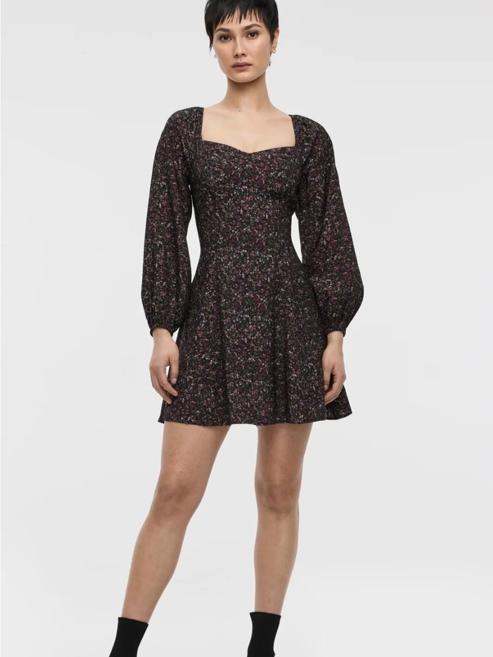 Floral Square Neck Long Sleeve Mini Dress